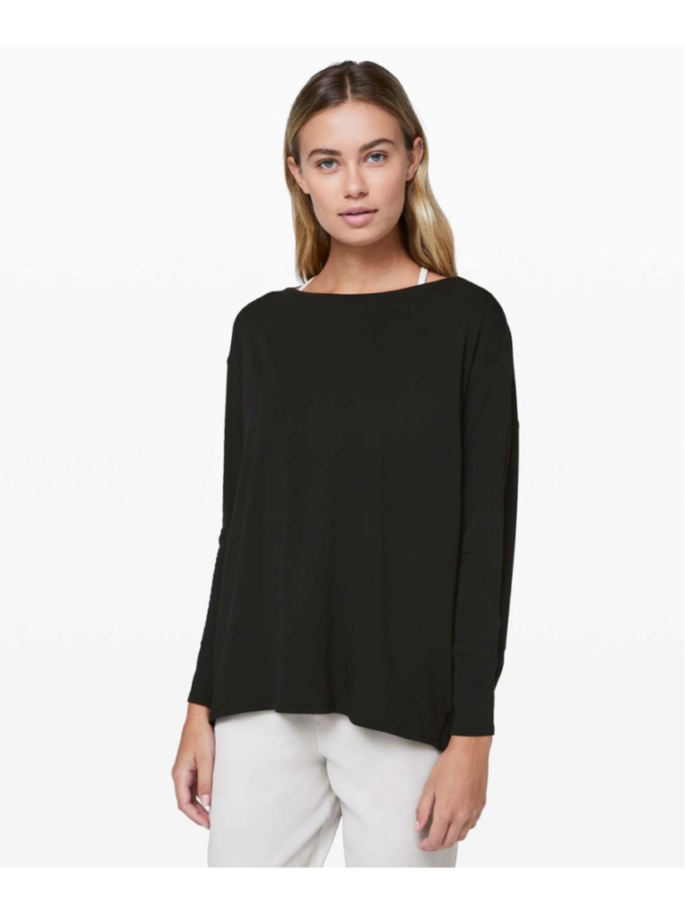 Lululemon Back In Action Long Sleeve Womens 10 Black Pima Cotton Boat Neck